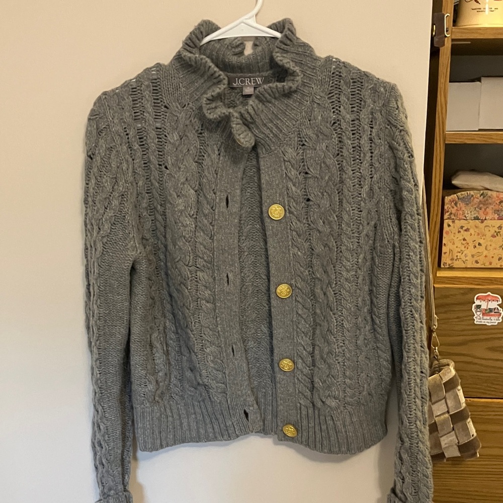 J. Crew Gray Cable Knit Cardigan with Gold Buttons